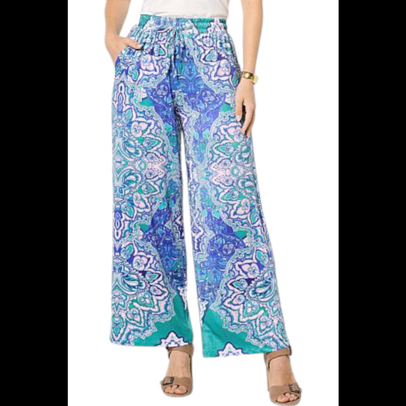 One World Pants - One World Women's Printed Pull-On Colada Pant Blue/Mint - Regular